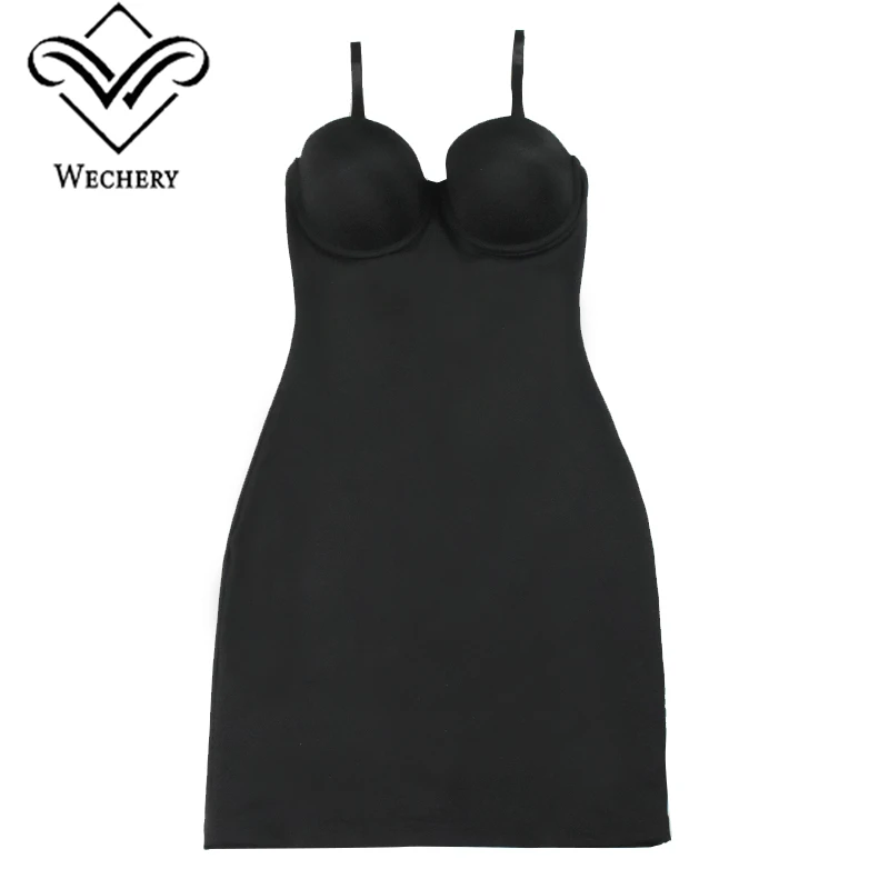 Wechery Women Spaghetti Strap Dress Tube Sheath Stretch Slip Push Up Skinny Bodycon With Underwire Cup Black Nude Solid Color