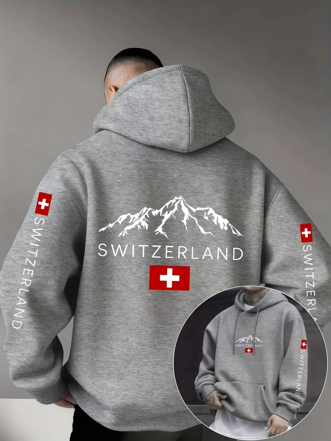 Herbst-Winter-Herren-Kapuzenpullover, Schweizer Alpenflagge, beidseitig bedruckter Pullover-Hoodie, patriotische Streetwear, Langarm-Oberteil – Detail 15