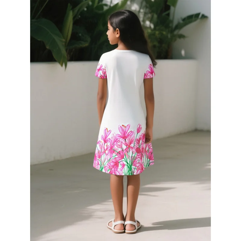 فستان أبيض بأكمام قصيرة للفتيات مطبوع عليه زهور وردية 2025