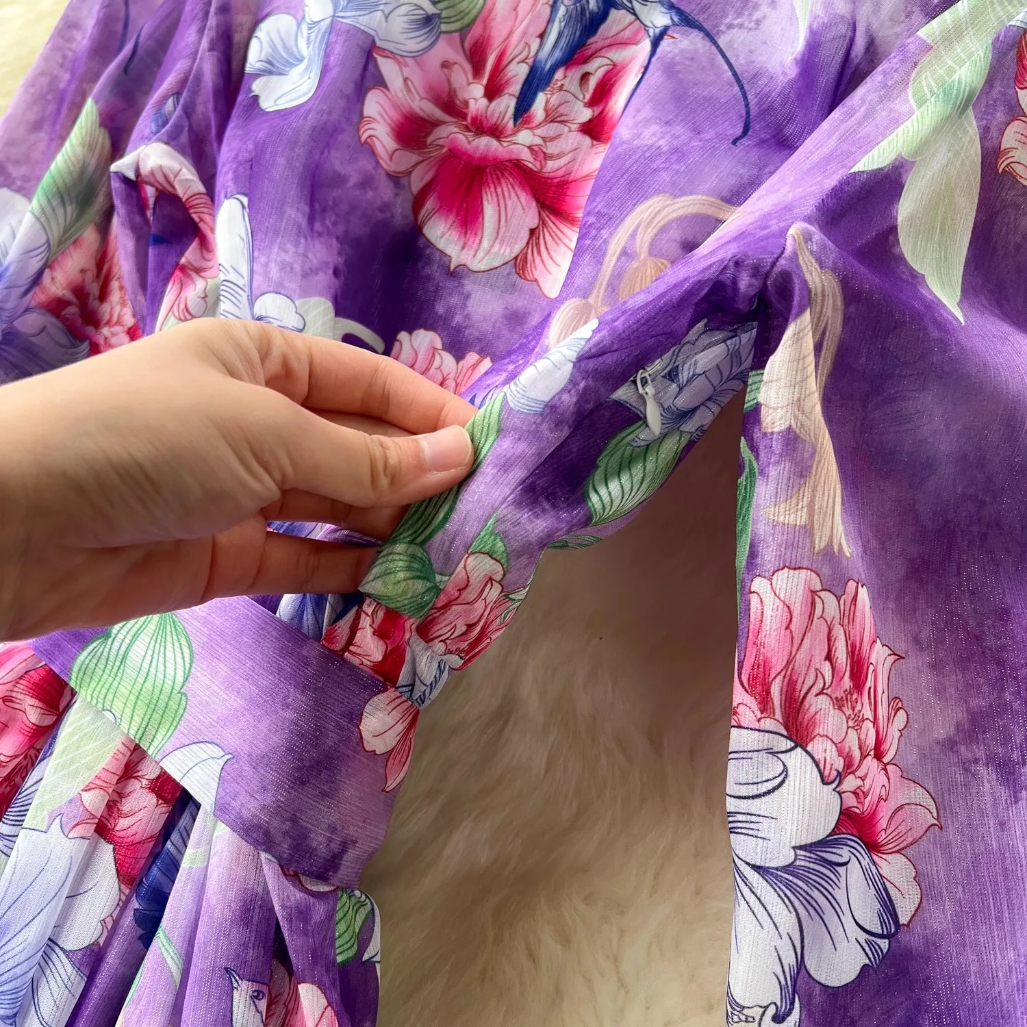 Damska sukienka na co dzień z koszula Midi z długim rękawem nowa projektantka fioletowym kwiatem z nadrukiem w stylu Streetwear z szyfonu