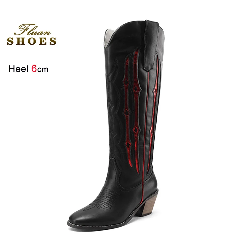 

Новые черные женские сапоги до колена 2026 года, на массивном каблуке 6 см, модные, с цветовыми блоками, повседневные длинные сапоги, ковбойские сапоги в западном стиле CD