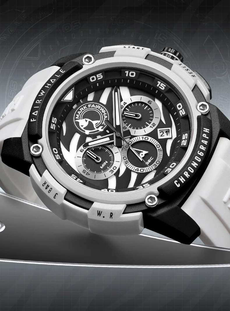 Mark Fairwhale Mens สีขาวควอตซ์นาฬิกาหรูหรากีฬาอัตโนมัติวันที่สายซิลิโคนกันน้ําแฟชั่นนาฬิกาข้อมือสําหรับชาย 2025