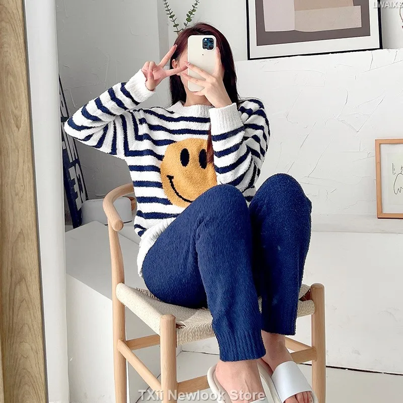 Cartoon Smiling Pajamas Women's Spring Autumn and Winter Striped Long-sleeved Thickened Coral Fleece Outwear suit Two-piece Set