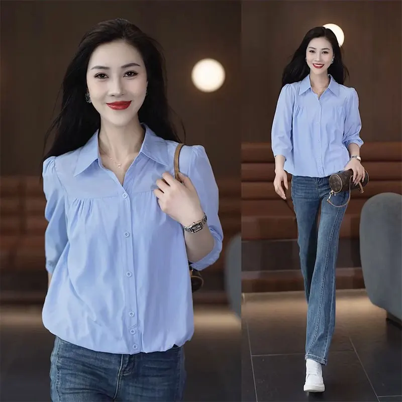 Women Spring Fashion Simplicity Solid Color Polo Collar 3/4 Sleeve Shirts Women Clothes Casual Loose All-match Temperament Tops