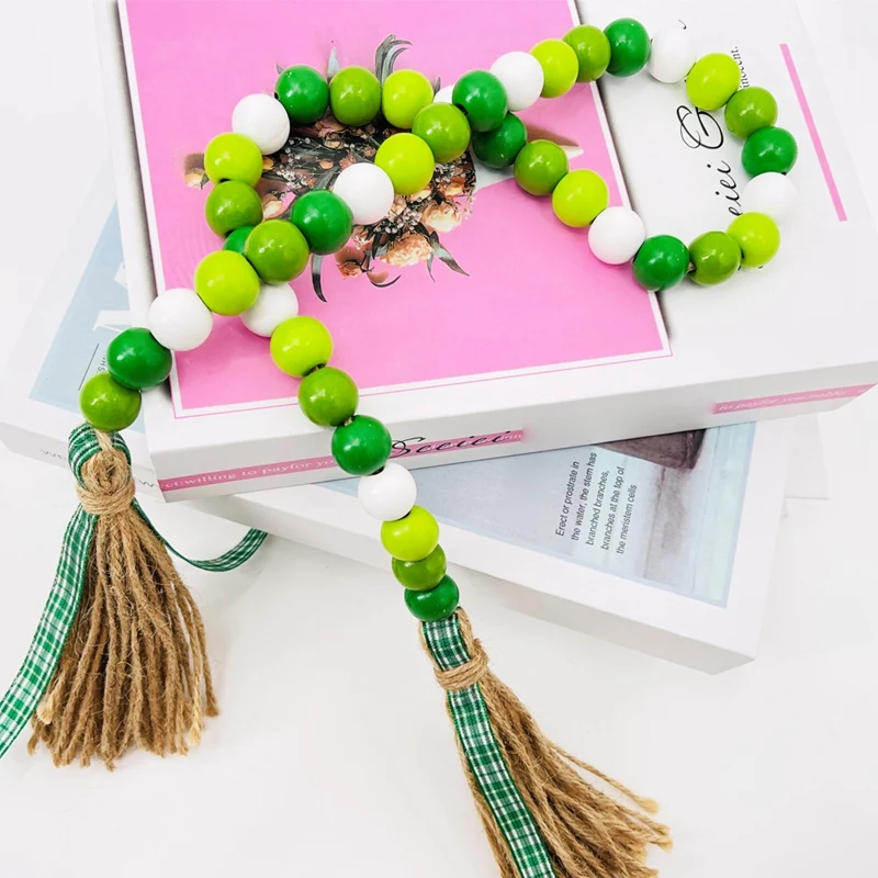 St. Patrick's Day Wood Beads Garland With Tassel, Rustic Farmhouse Beads Prayer Beads Tiered Tray Home Spring Decoration