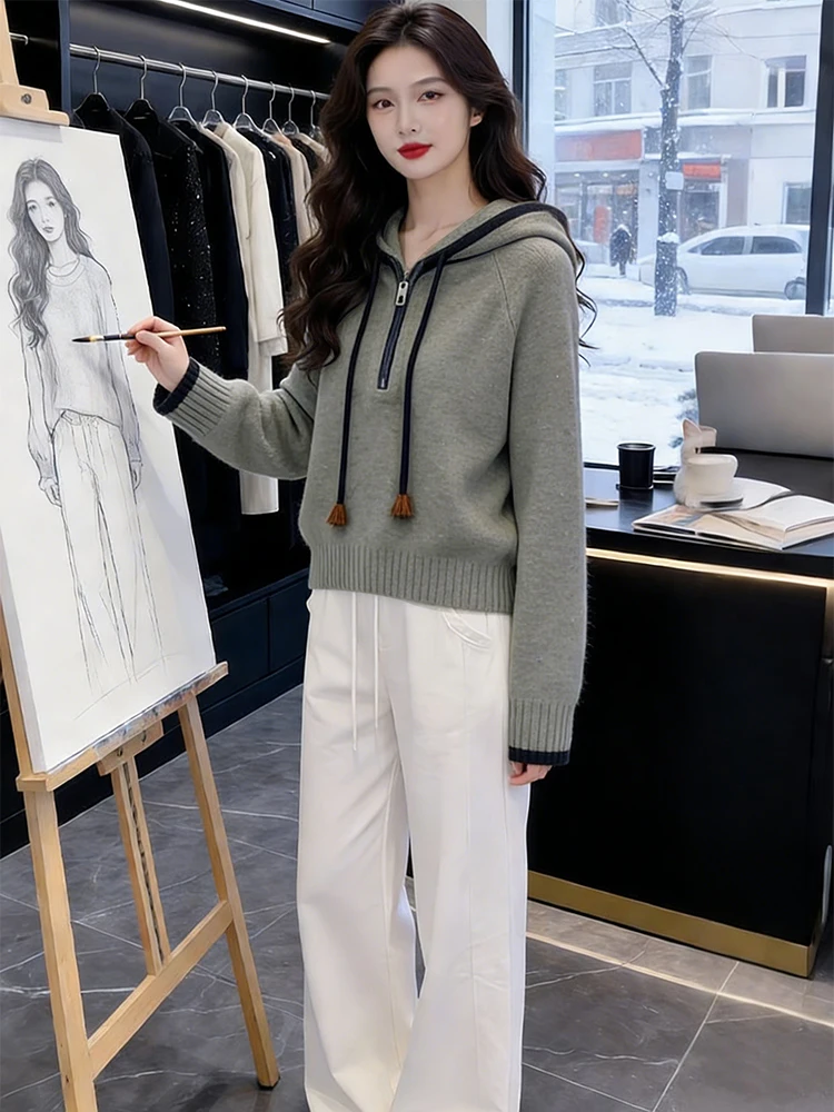 

Женский модный вязаный свитер с капюшоном на молнии и шнурком, утепленный, в корейском стиле, для повседневной носки, средней толщины