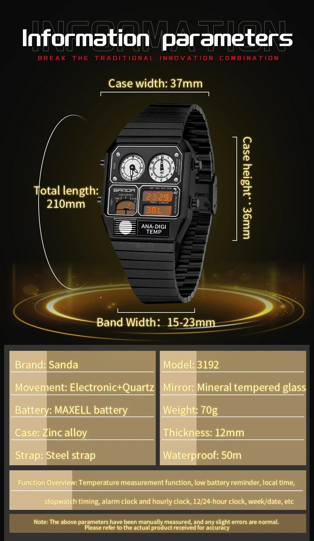 SANDA 3192 Hot-selling LED Electronic Square Men\'s Youth Casual Multi-function Thermometer Stopwatch Chronograph Men’s Watch