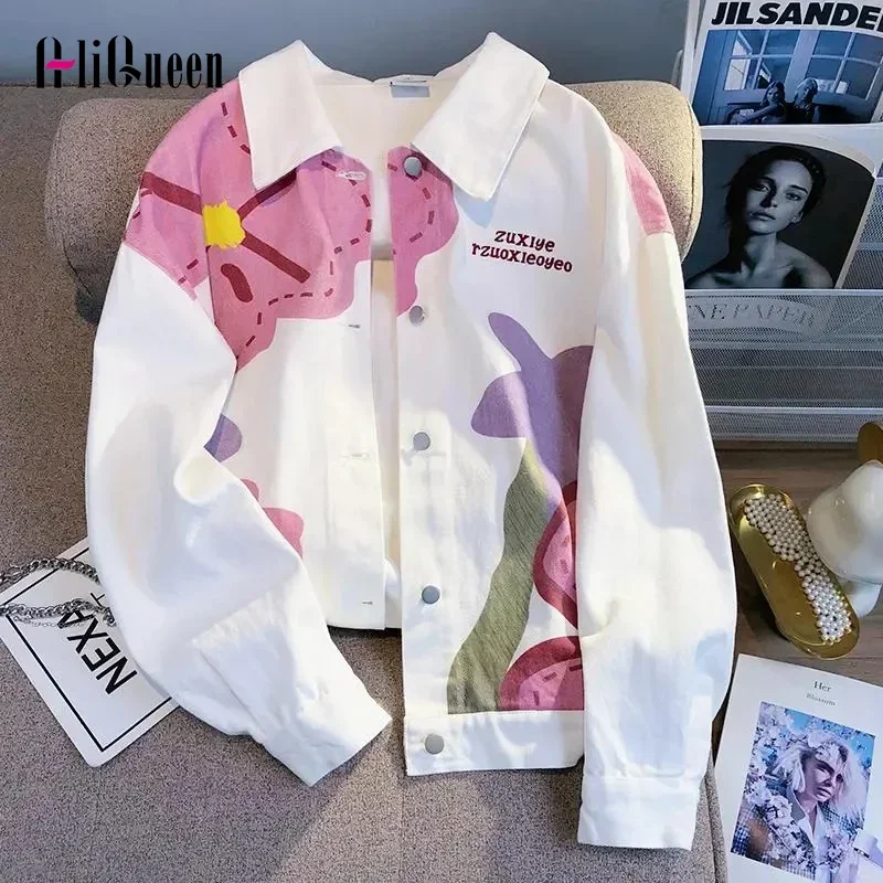 Women Spring Vintage Casual Floral Print Short Denim Coat Crop Top Female White Single Breasted Versatile Jeans Jacket Chaquetas