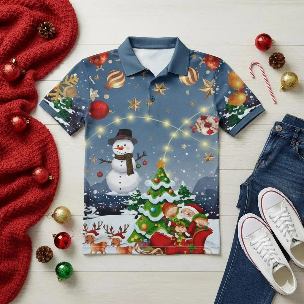 

Unisex Christmas Polo Shirt – Holiday Party Polyester Top With Snowman, Tree & Santa Print 2026