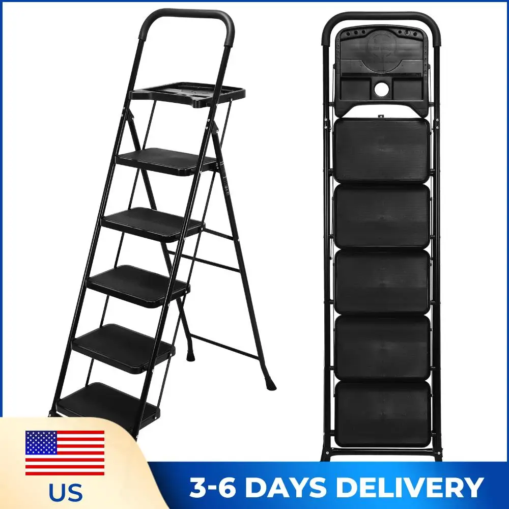 

5-ступенчатая складная портативная лестница с защитой от опрокидывания, выдерживающая нагрузку до 330 фунтов, с широкими противоскользящими ступенями для использования в помещении