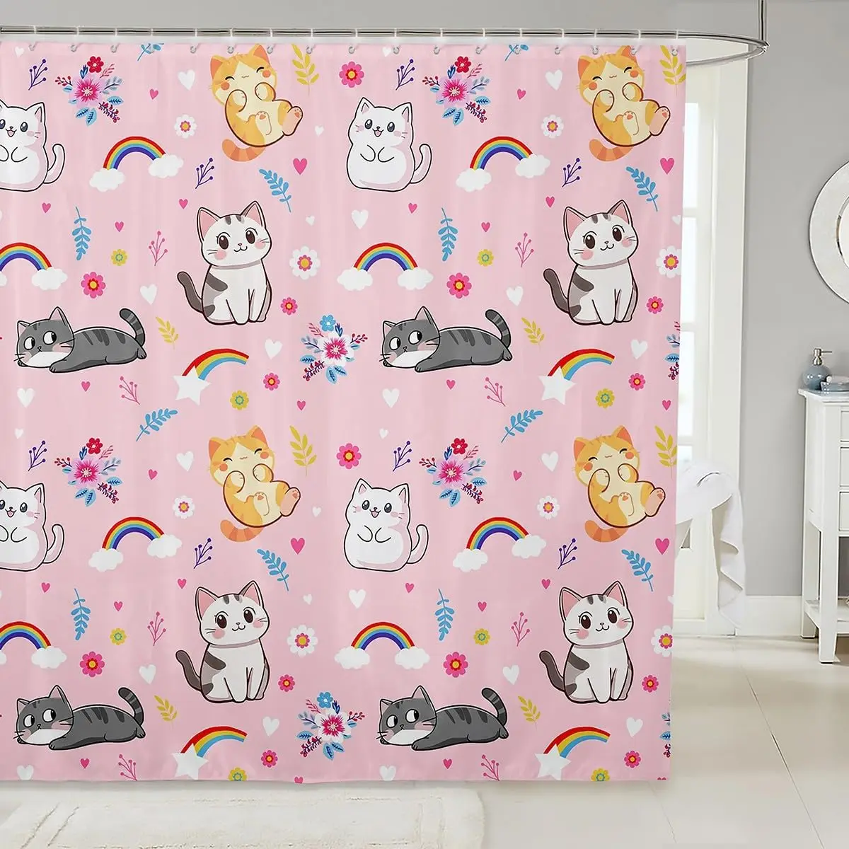 

Занавеска для душа с милым цветочным котом, тканевая занавеска для душа с изображением домашних животных, красочные занавески для душа с цветами котенка, романтические занавески для ванной комнаты