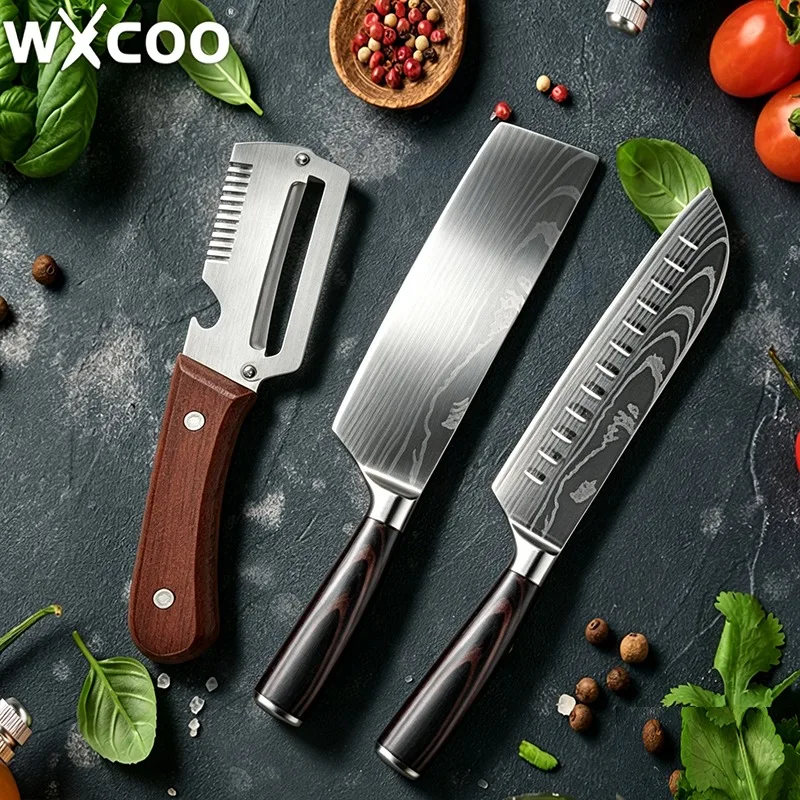 WXCOO Professionelles Küchenmesser Haushalts-Obstschneider Zuckerrohr-Kürbisschäler Edelstahl Santoku-Messer mit Holzgriff