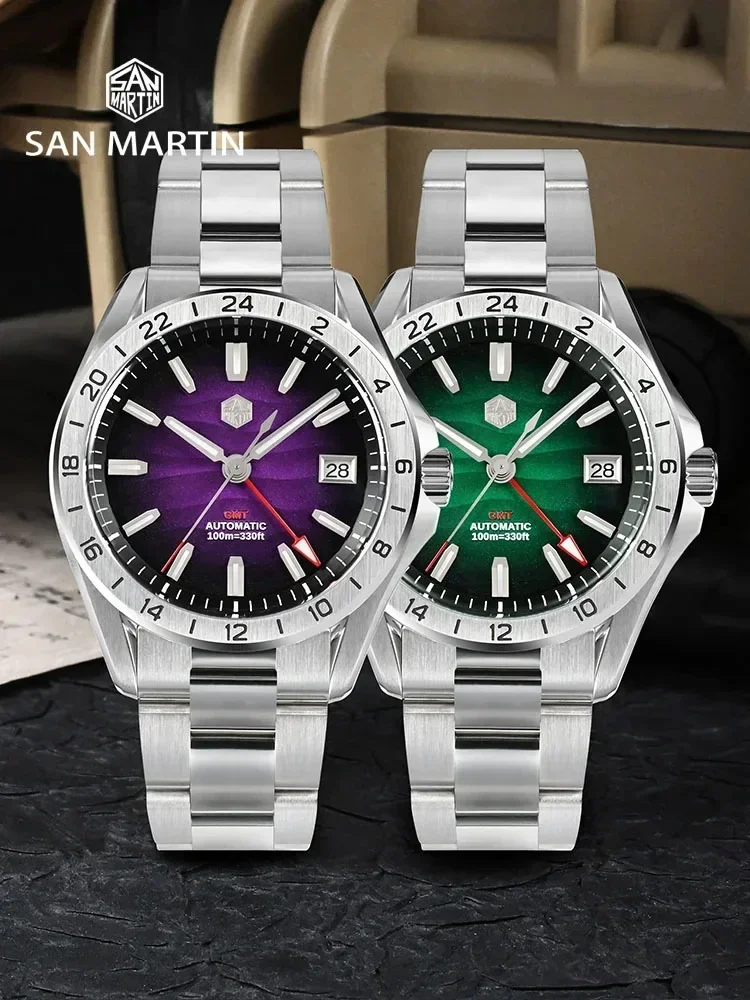 San Martin 39mm Purple Desert Texture Dial Luxury Men Dress Watch NH34 GMT Automatic Mechanical Waterproof 100m Luminous SN0129