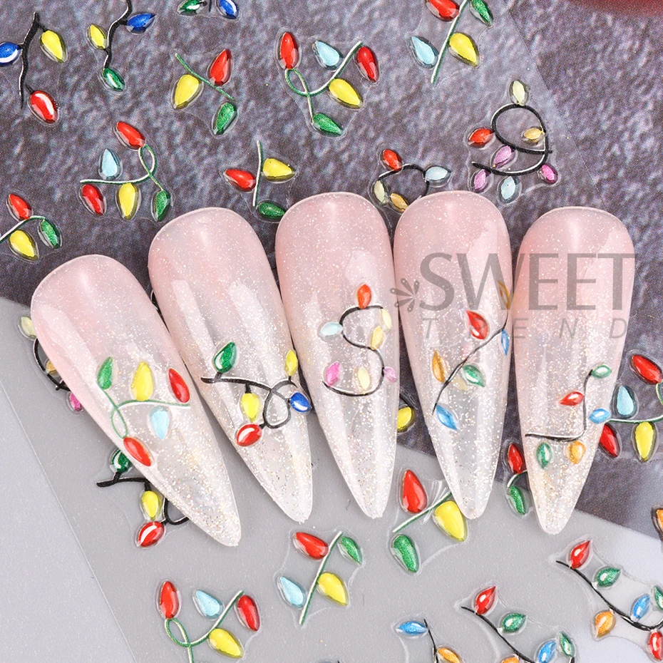 Colorful Christmas Light 5D Embossed Nails Art Stickers Snowflake Glove Decals Self Adhesive Bells Light DIY Manicure Decoration