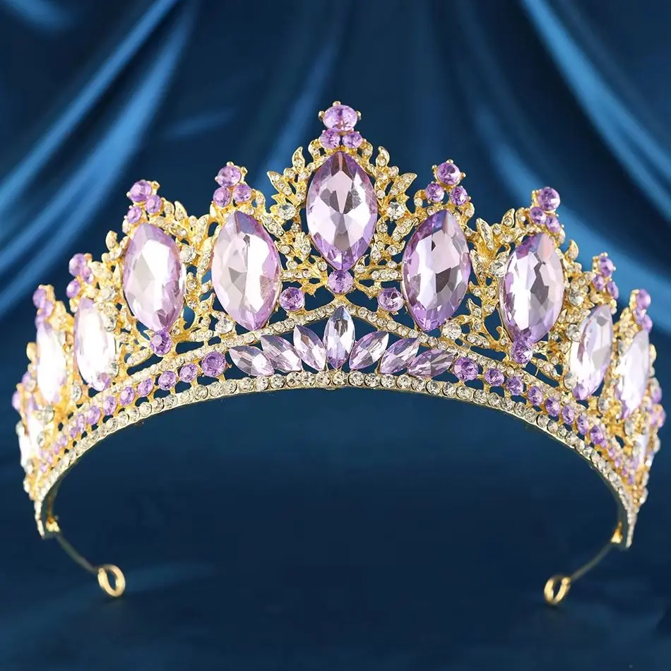 DIEZI Baroque New Purple Crystal Tiara For Women Men Wedding Party Vintage Luxury Elegant Bridal Bride Crown Hair Accessories