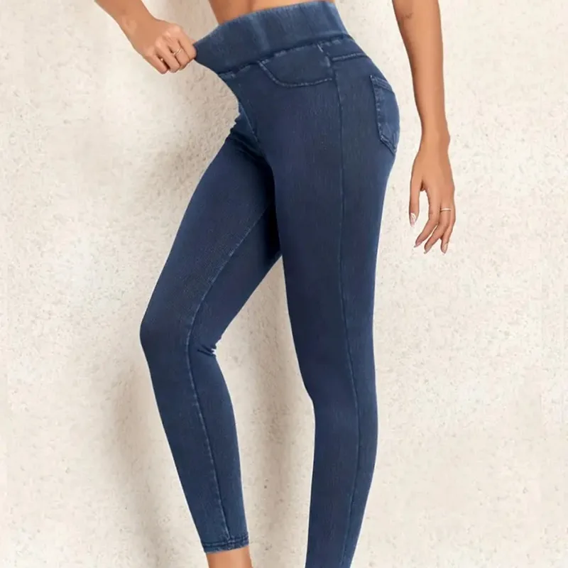 Women\'s Faux Denim Yoga Leggings Fitness Stretch Leggings High Waisted Fashionable Skinny Tights Gym Workout Running Pants