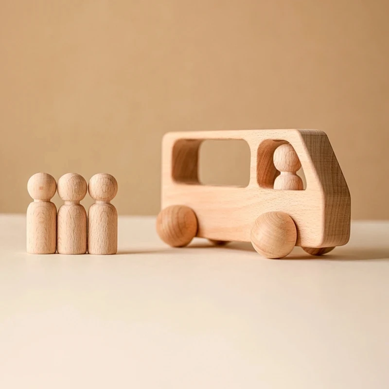 Outdoor Wooden Bus Game Kit Baby Wooden Bus Educational Blocks Natural Wood Car Little Doll Teething Toys Birthday Gifts