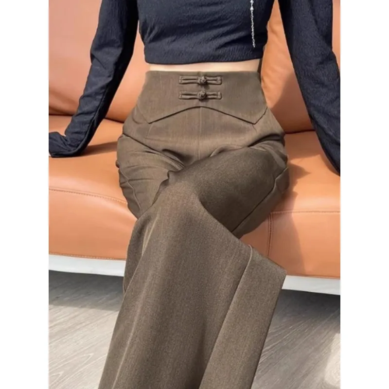 Neue Chinesische Stil Anzug Hosen frauen Frühling Herbst 2025, Bequeme Schnalle Hohe Taille Dünne Lose Gerade Wischen Breite Bein hosen