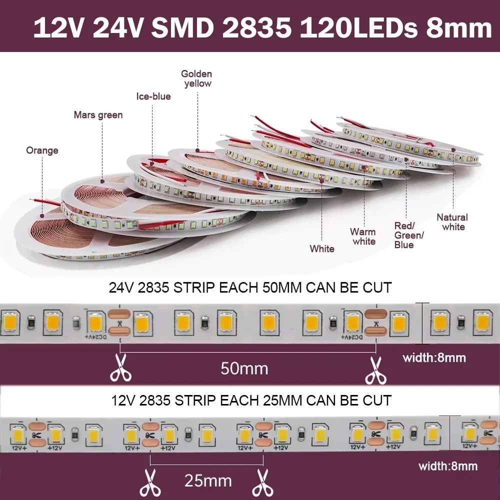 LED Strip Light 12V DC SMD 2835 120LEDs/M 5M High Brightness Home Lamp Strip 8mm PCB Cuttable LED Light Tape