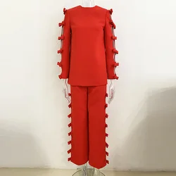 JAMERARY Hollow Bow Suit Coat Two Piece Women Red Set Top Coats And Wide Leg Long Pants Female