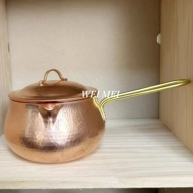 

Mini Handcrafted Pure Copper Coffee Pot,For 1 Individual use With lid Outdoors Picnic Soup Pot,Portable Thickened Bottom Pan