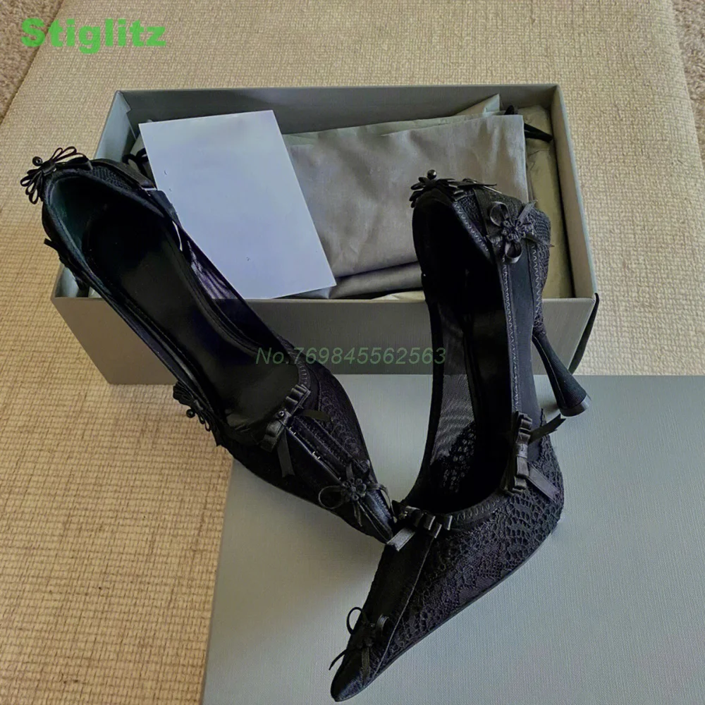 

Punk Lace Pumps Bow Tie Sexy Spring Black Women Pumps Thin High Heel Pointed Toe Shallow Fashion Niche New In 2024 Party