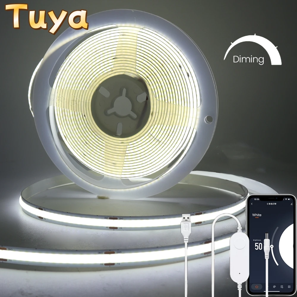 Tuya WiFi COB LED Strip Tuya Smart Life APP Control Dimmable LED Strip Light 5V USB 320LEDs Linear Light Wall Kitchen Cabinet