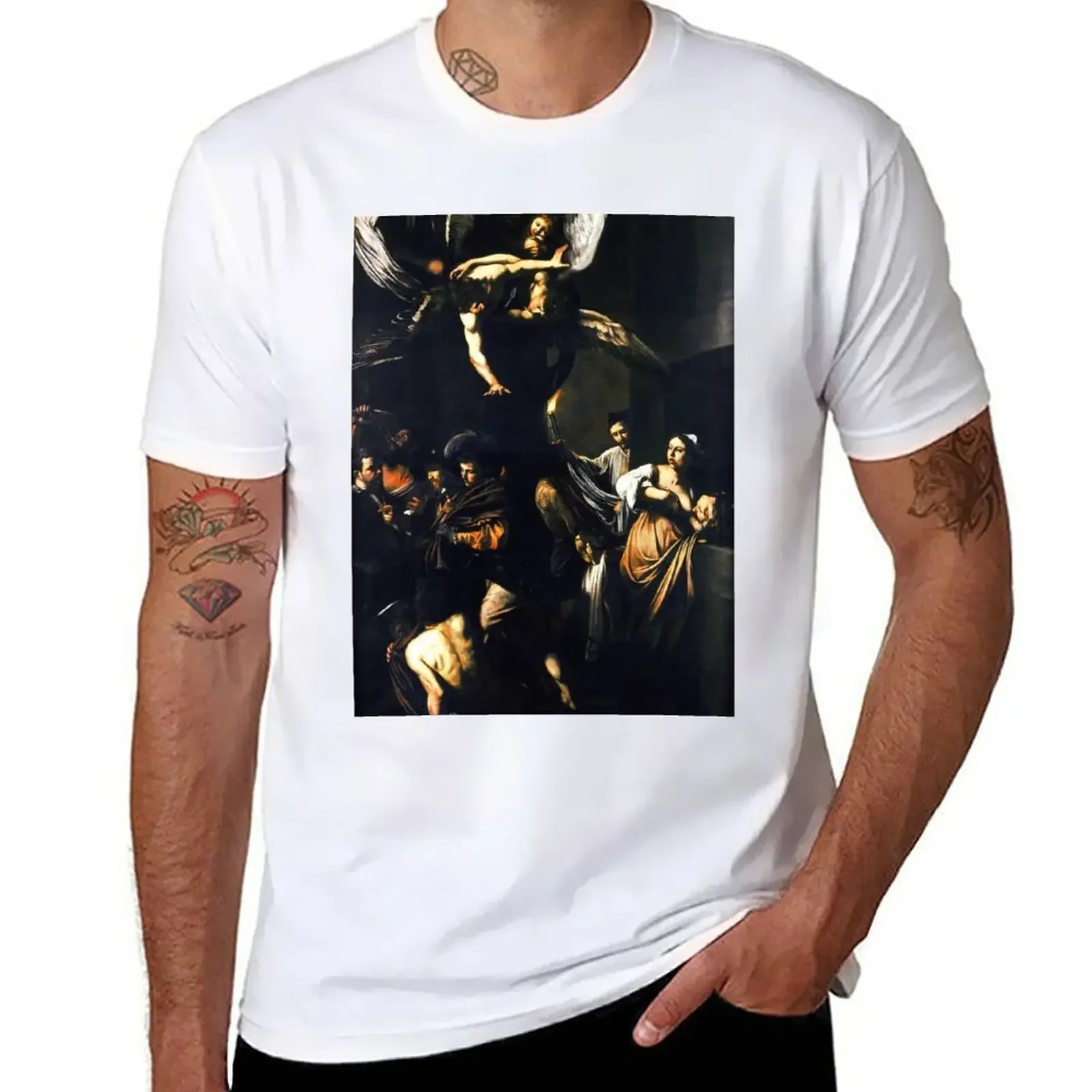 cute clothes custom t shirts summer top mens tall t shirts New High Resolution Caravaggio The Seven Works Of Mercy 1607 T-Shirt