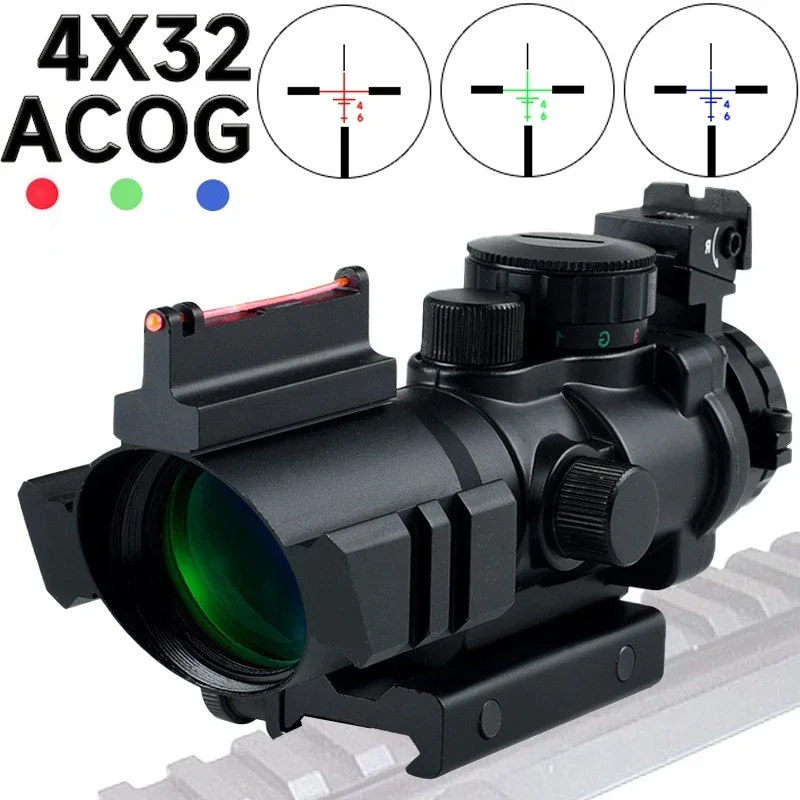 

4x32Acog Cross Red Green Blue Illumination Scope Hunting Optic Riflescope Adjustable Tactical Reflex Fiber Optic Sight 20mm Rail