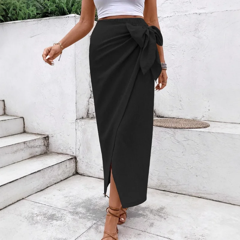 여성 캐주얼 불규칙 디자인 리본 타이 솔리드 컬러 하이웨이스트 스커트