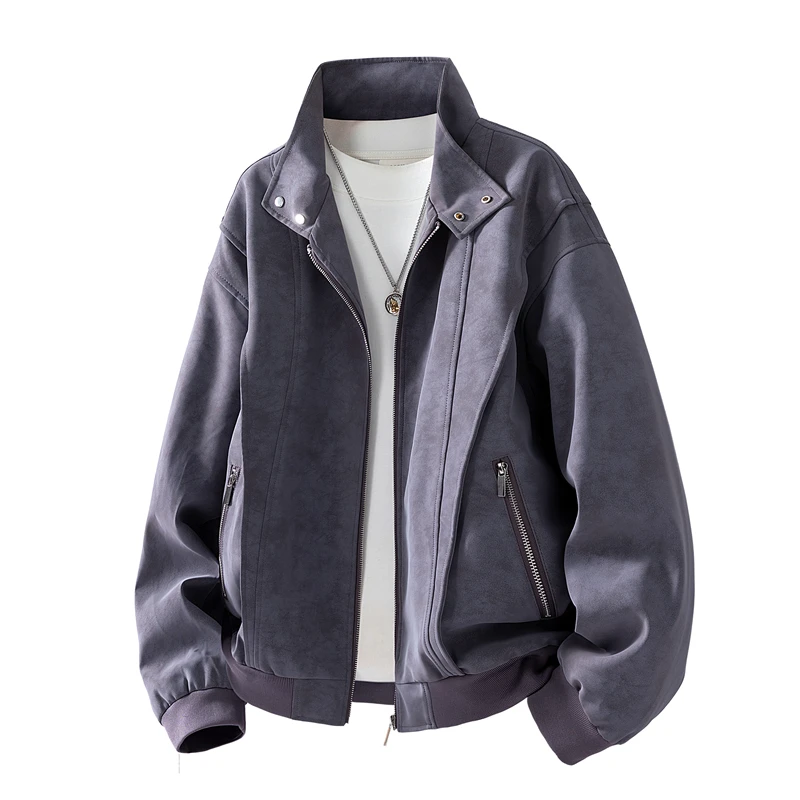 

Men's Stand-Collar Faux Suede Jacket - Oversized Fit, Zip Pockets & Metal Buttons, Multiple Colors for Daily & Street Fashion