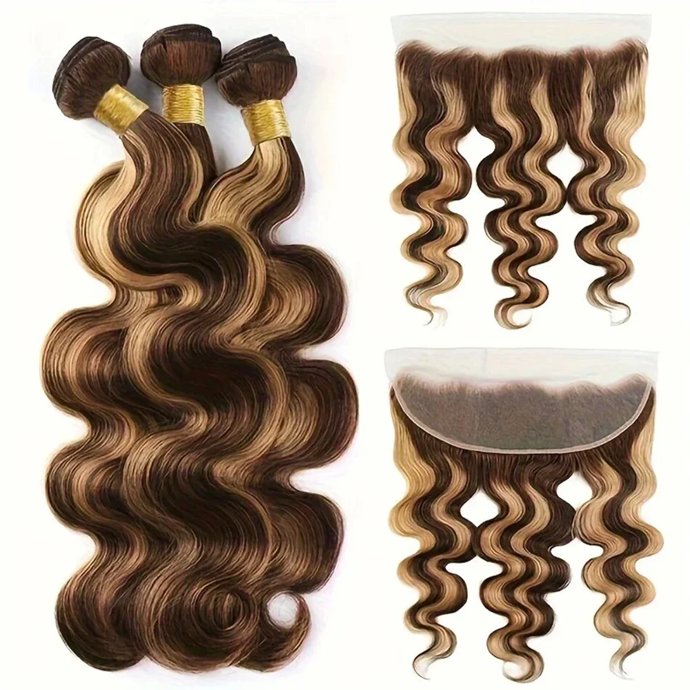 Pacotes de cabelo humano com fechamento, frontal de renda, extensões para mulheres, louro de mel, destaque, 13x4, P4, 27