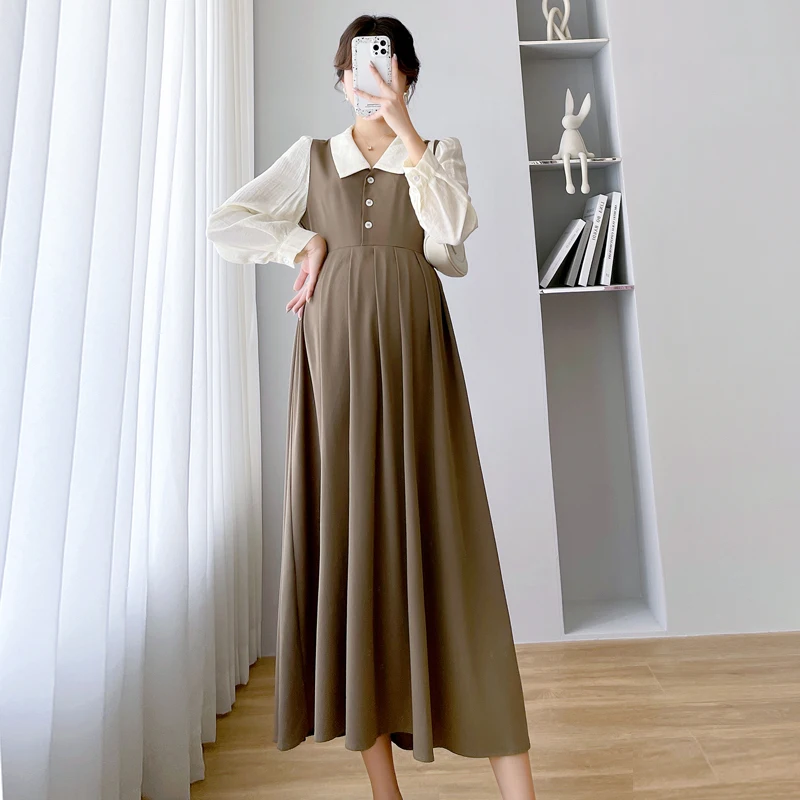 

Autumn Pregnant Women Loose Dress Long Sleeve Turn-down Collar Office Lady Elegant Pleated Dress Long Loose Pregnancy Clothes