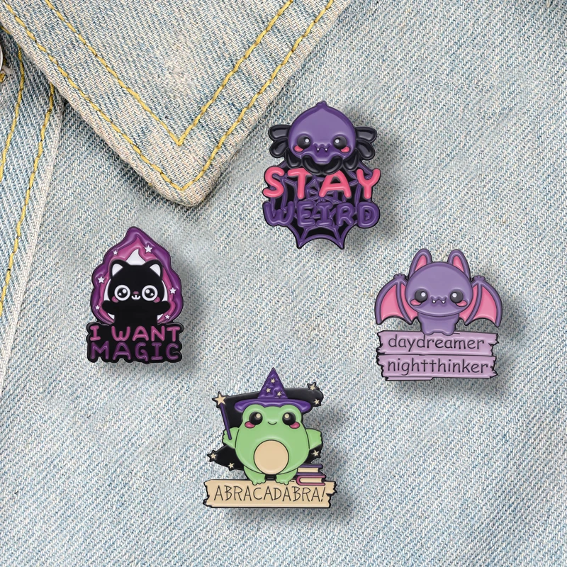 I Want Magic Enamel Pins Custom Frog Wizard Bat Stay Weird Brooch Lapel Badges Halloween Animal Jewelry Gift for Kids Friends