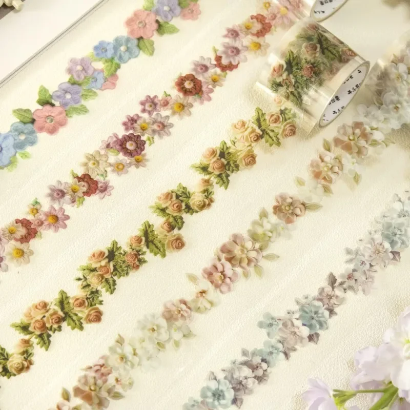1Pack 35mm x 2m Embroidered Flower PET Tapes Floral Dream Designs for DIY Crafts Adhesives Journal Decoration Writing