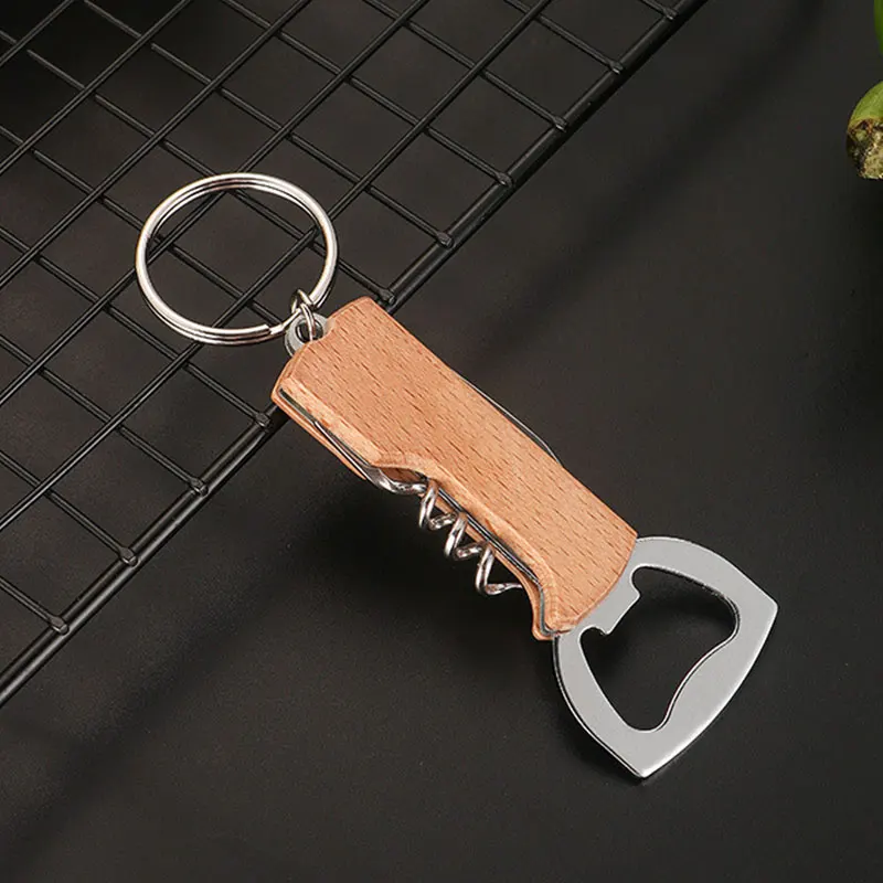 40Pcs Multi-Functional Portable Beer Bottle Opener with Keychain Metal Beech Wood Wine Corkscrew Opener Can Opener Mens Gift