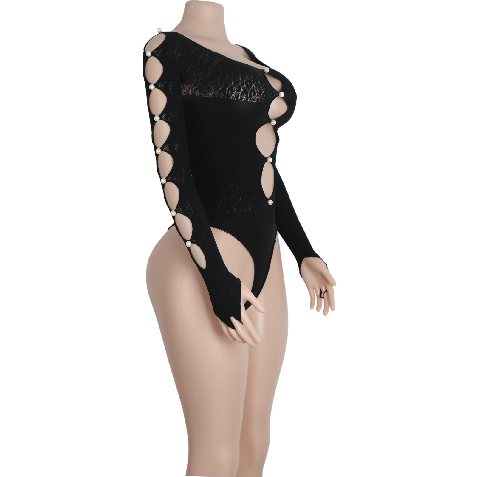 

Women Exotic Long Sleeve Bodysuit Sheer Thong Design And Pearl Accents for Ballroom Dance Performance Wear Club Outfits Stage