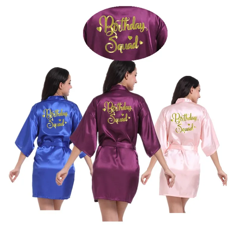 

Wholesale Birthday Squad Gold Glitter Letter Women's Robes Silky Kimono Nightgown Bathrobes Dressing Gown T135