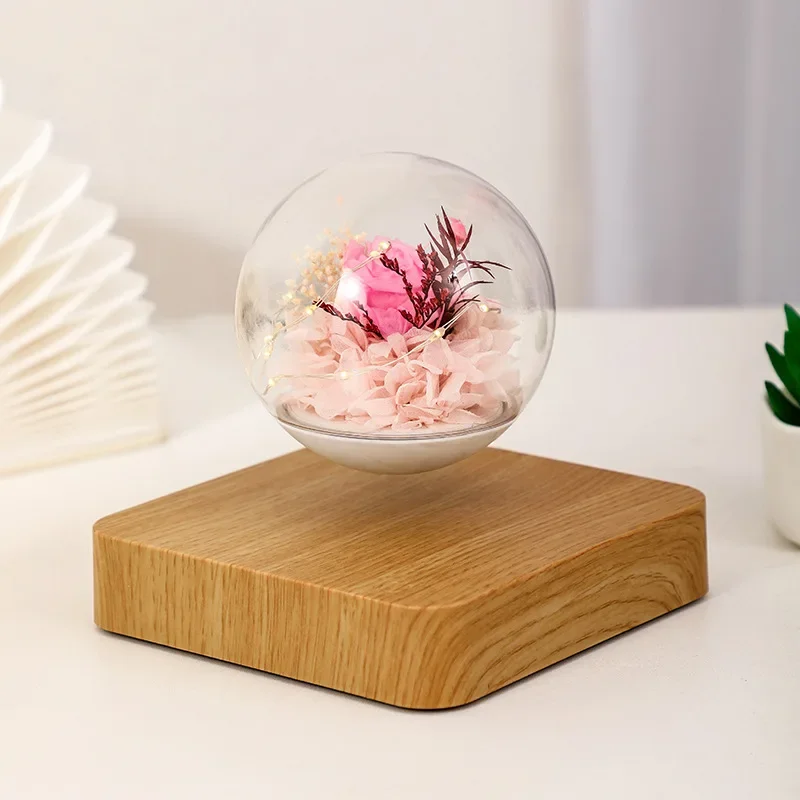

Eternal Flower, Maglev Glass Cover with Light, Desktop Ornament, Home Decoration, 12V1A, Rotating Illumination, Dried Flowers