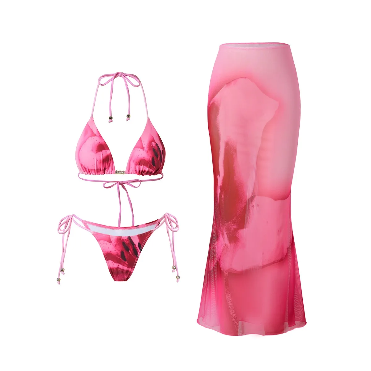 2025年ヤングウィメンズ3ピースビキニセット |   セクシーなプリント水着は、調節可能なカバーアップビーチ休暇水着を分離します