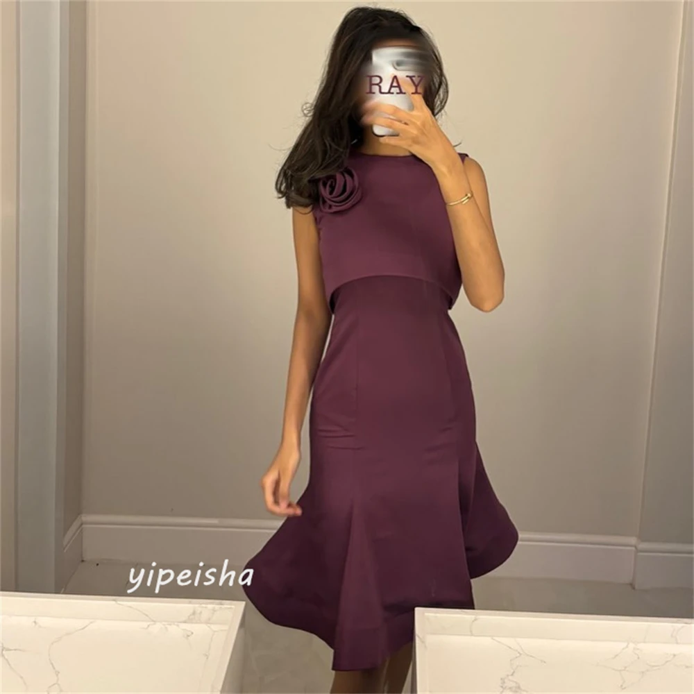 JiayigongJersey Flower Draped Ruched Graduation A-line O-Neck Bespoke Occasion Gown Knee Length Dresses Evening Saudi Arabia