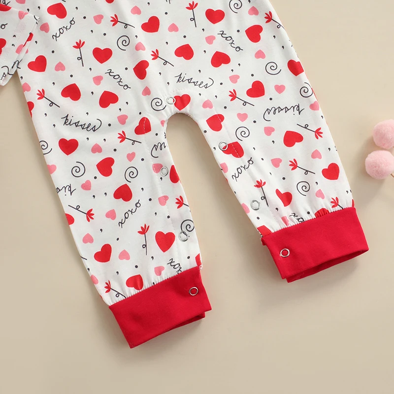 

Valentine s Day Heart Print Long Sleeve Baby Romper with Round Neck and Cozy Bow Headband for Warmth and Love