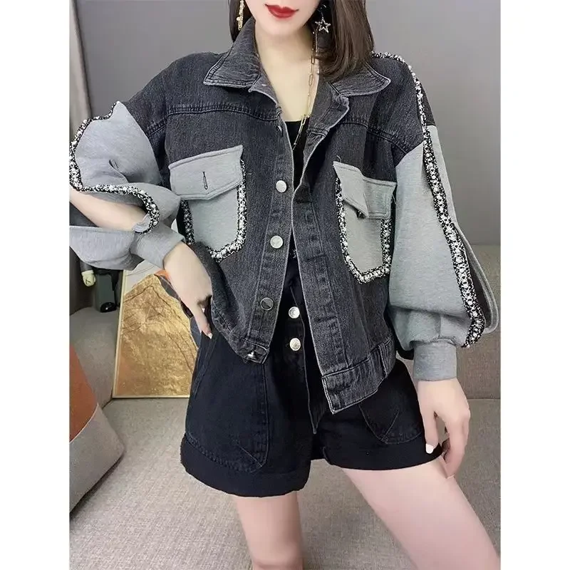 

Vintage Harajuku Women's Denim Jacket Spring/autumn Jackets Bomber Jacket Beaded Korean Fashion Streetwear Short Tops New