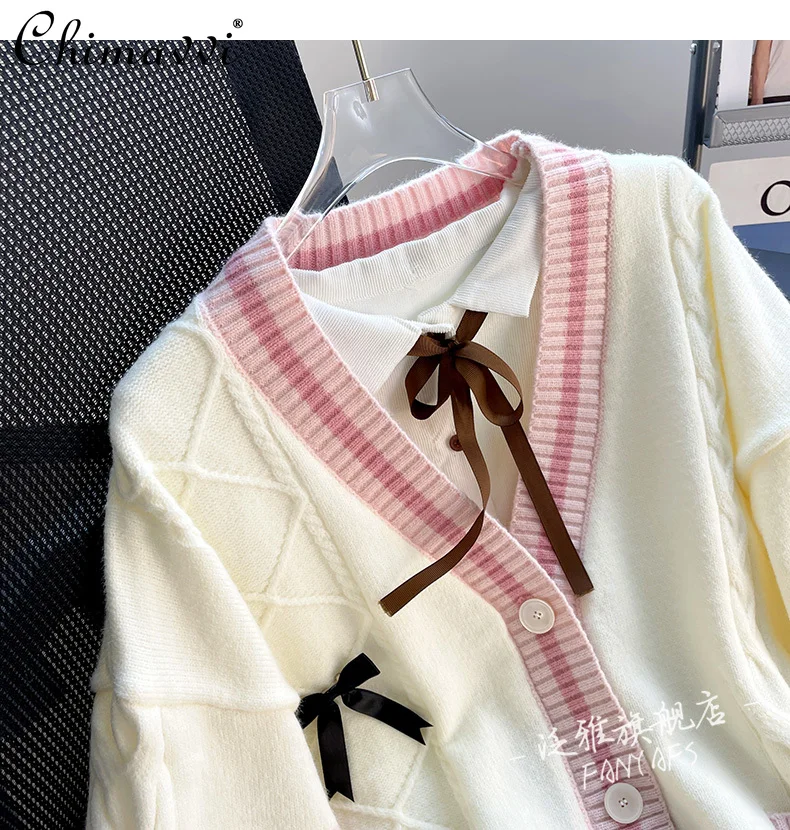 Preppy Style Cute Bow Patchwork Knited Cardigan Autumn Winter Japanese Sweet V-neck Single Breasted Loose Casual Pink Sweater