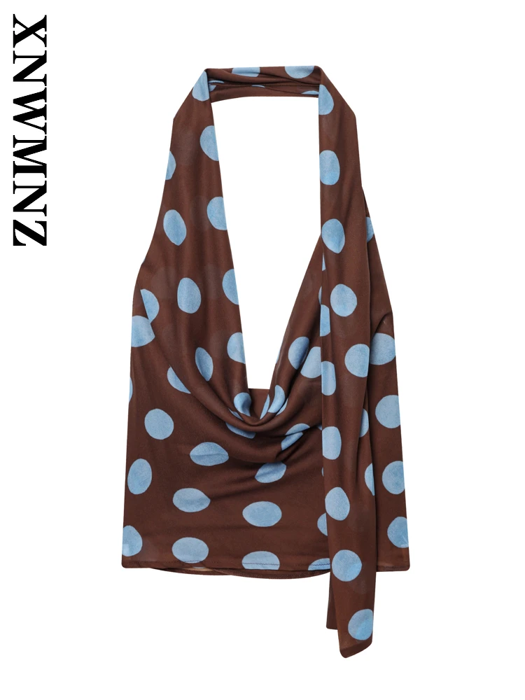 

XNWMNZ 2025 летняя новая женская мода шикарный топ без рукавов с открытой спиной вечерние женский цветной шарф воротник сексуальный горошек