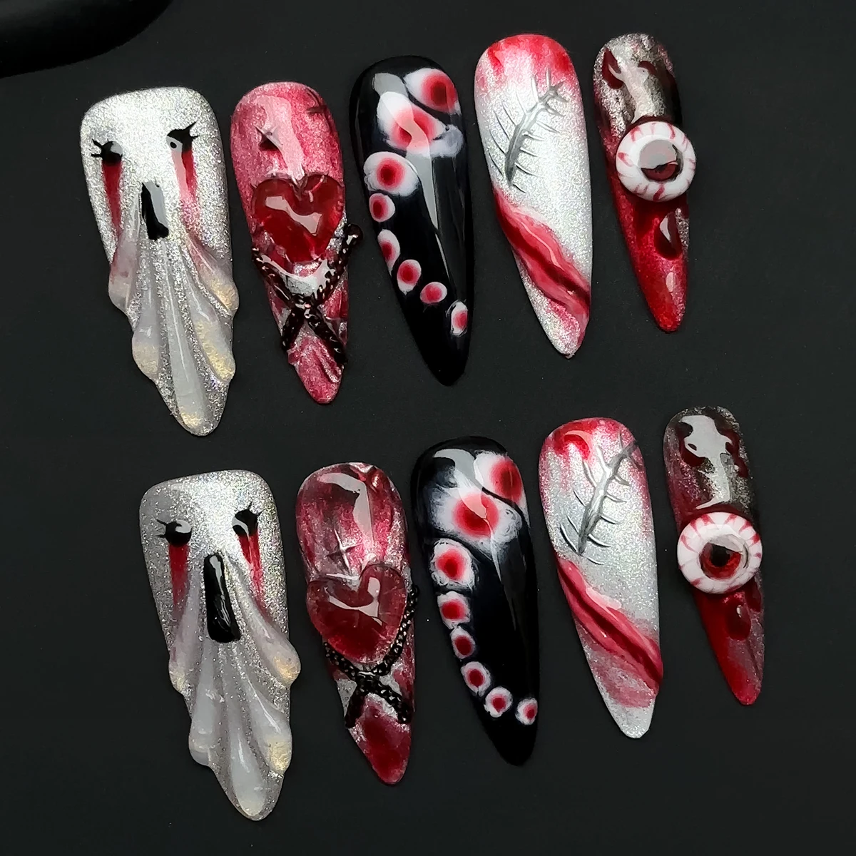 10pcs/Set Handmade acrylic press on nails Long high-heeled finger nails，halloween nails , Bloody Broken Love Dark Style