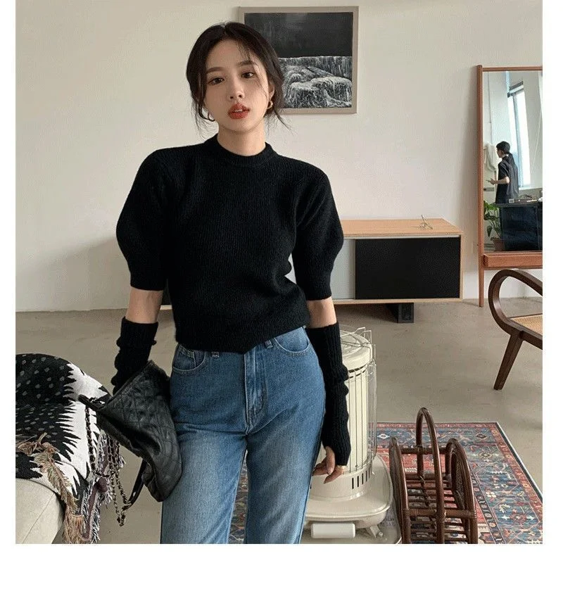 سترة محبوكة بأكمام قابلة للفصل سترة نسائية كورية للخريف من خيوط مالهاس الأناناس حافة متموجة مرنة فنية جيارو OL