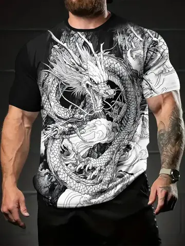 Fashion 3D Ink Chinese Dragon Print Men's Short Sleeve T-shirt Summer Casual Streetwear Daily Loose Crew Neck Tops