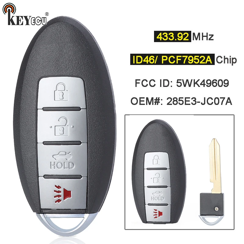 

KEYECU 433,92 МГц чип PCF7952A/ ID46 5WK49609 285E3-JC07A БЕСКЛЮЧЕВОЙ пульт дистанционного управления 3 + 1 4 кнопки для Nissan Maxima 2008-2015