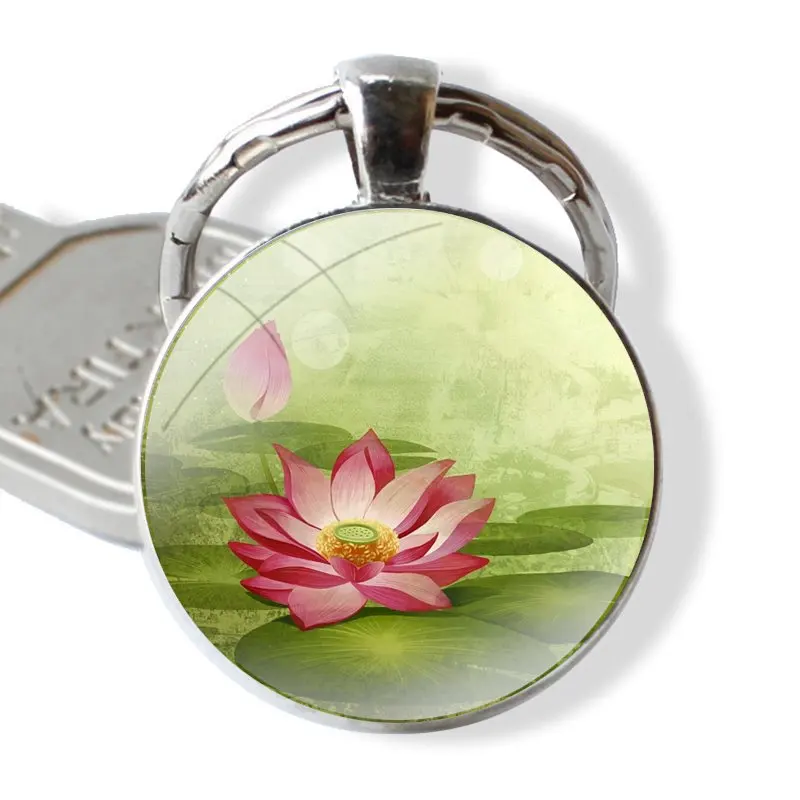 Keychain Handmade Glass Cabochon Key Ring Holder Pendant Key Chains Lily Lotus Flower Painting